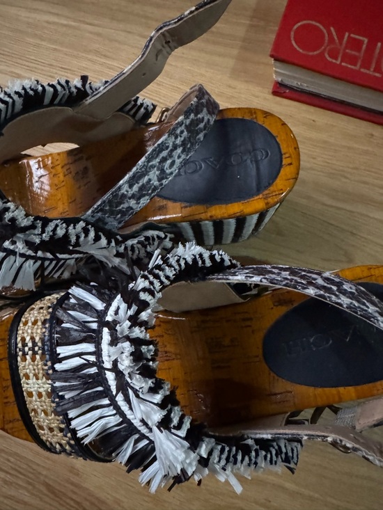 Coach Black & White Woven Platform Sandal with Raffia Strap